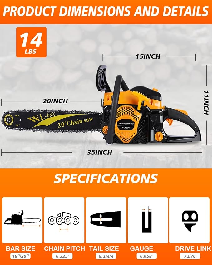 63CC Gas Powered Chainsaw 20 Inch, 2-Cycle Engine with 2 Chains & Bars, Heavy Duty Gas Chain Saw for Tree Felling, Logging, and Firewood Cutting (63CC – Yello)