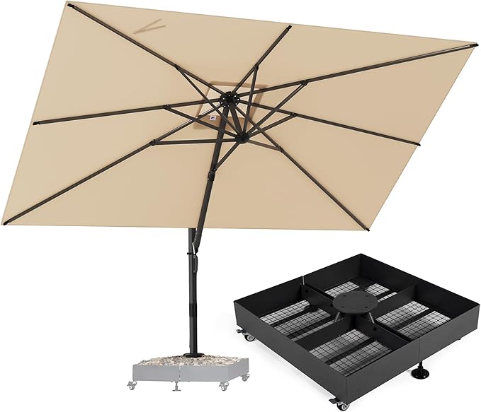 PURPLE LEAF 9' X 12' Rectangle Patio Umbrella with Wheeled Base Large Cantilever Outdoor Umbrella Offset Umbrella with 360-degree Rotation for Garden Deck Pool Backyard Beige