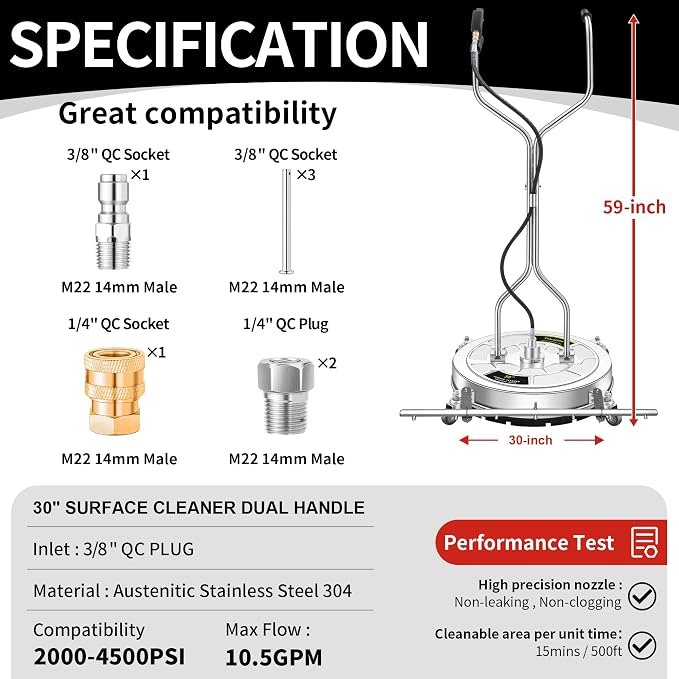 30" Pressure Washer Surface Cleaner Ultra with 7 Nozzles Water Broom | Stainless Steel Dual Handle Power Washer Surface Cleaner for Patio Decker Concrete Driveway, 5000 PSI