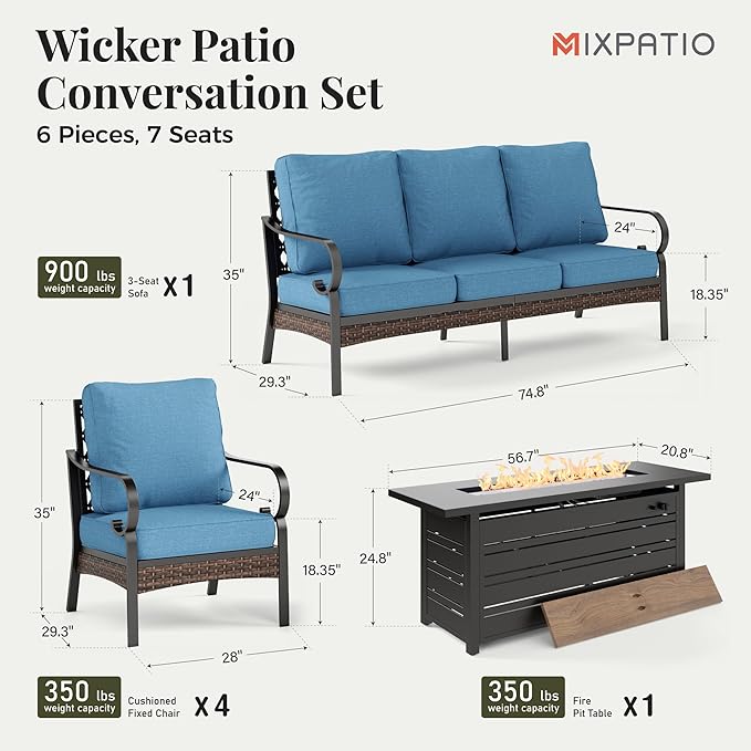 Patio Furniture Set with Fire Pit Table, 4 PCS Metal Outdoor Conversation Set with 5.75'' Extra Thick Cushion, 2 Chairs, 3-Seat Sofa and Gas Fire Pit Table, Navy Blue