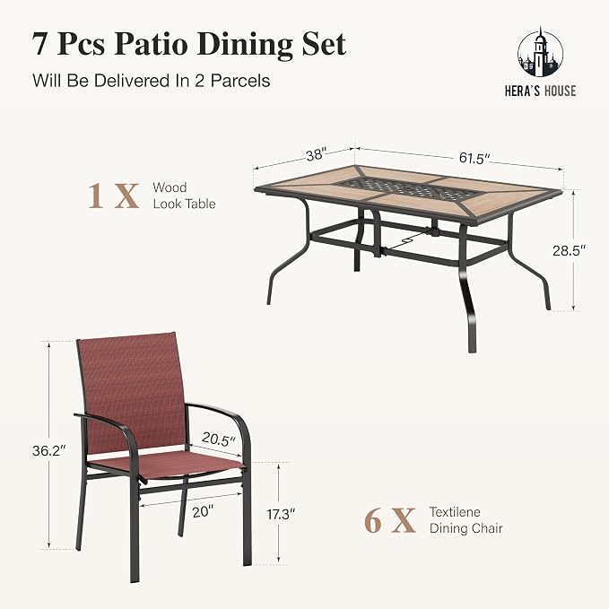HERA'S HOUSE 7pc Patio Dining Set, Metal Table with PVC Top, Red Chairs | 61" rectangular table with umbrella hole, 6 textilene chairs. Waterproof, rust-resistant, all-weather for yard, porch