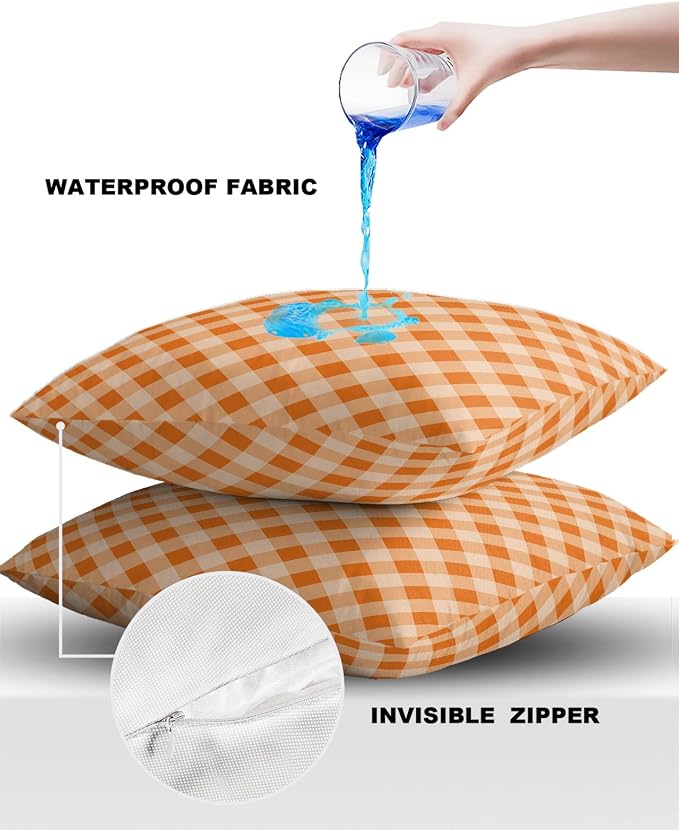 Outdoor Waterproof Pillow Covers for Patio Furniture Check Plaid Decorative Throw Pillow Cover Geometric Pattern Pillowcases Set of 2 Cushion Case for Sofa Couch Chair Home Decor 24x24 inch