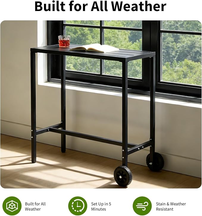 Takywep Weatherproof Steel Outdoor Bar Table, 39 Inch Counter Height Patio Dining Table with Wheels and Adjustable Leveling Feet, Portable Rolling Pub Table for Kitchen Island, Home Bar, Balcony