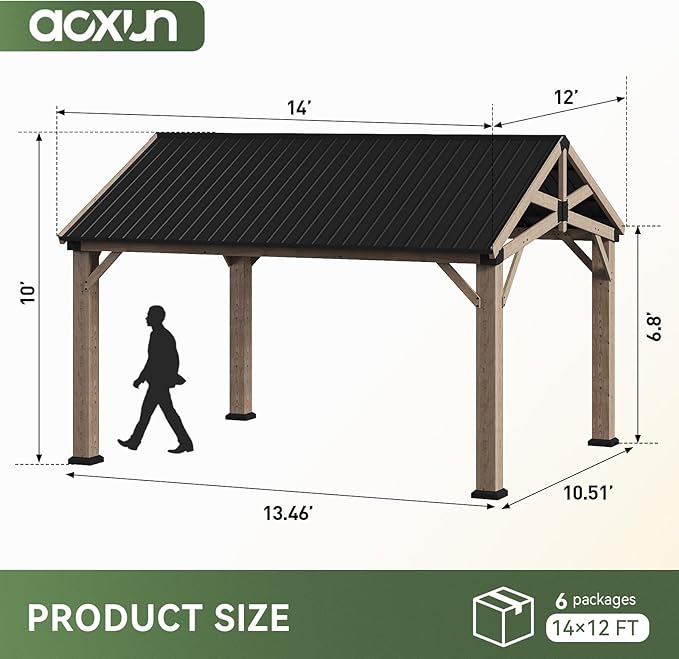 Aoxun 12' x 14' Outdoor Wood Gazebo with 20" Ceiling Fan with Light, Hardtop Gazebo Permanent Wooden Pavilion with Galvanized Steel Gable Roof, for Patio, Garden, Deck, Cedar Wood