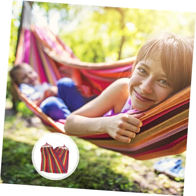 HEMOTON Traveling Single Leisure Hammock Rainbow Striped Canvas Cotton Outdoor Swing with Anti-tip Design for Camping and Garden Use
