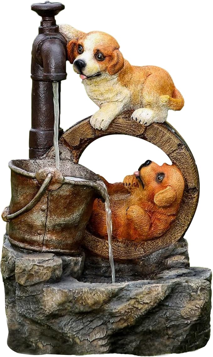 Jeco Inc. FCL172 Playing Dogs LED Light Barrel Outdoor Fountain