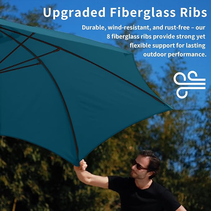 10FT Patio Umbrella Outdoor Market Umbrella with Crank and Tilt, 8 Flexible Fiberglass Ribs, UV-Resistant Waterproof Canopy for Patio, Deck, Garden, Backyard, Lake Blue