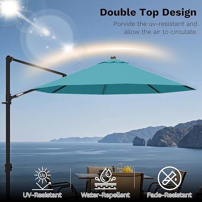 Devoko 10ft Cantilever Patio Umbrella, Round Large Outdoor Umbrella with 360-Degree Rotation, Hanging Offset Market Sun Umbrella, Easy Tilt and Heavy-Duty Frame, for Patio Backyard Garden, Turquoise