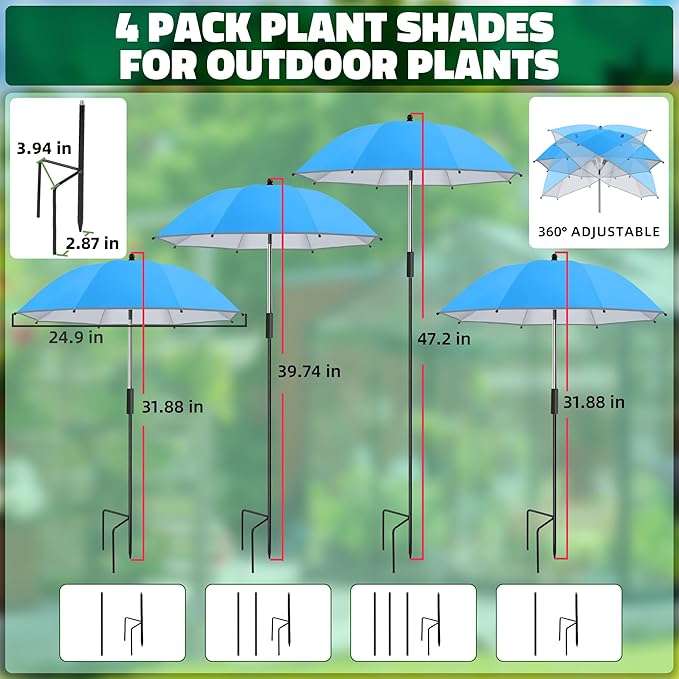 4 Pack 24.9" Plant Umbrellas for Outdoor Plants,47.2" Height Small Umbrella with Reflective Strip, Adjustable Plant Shades for Outdoor Plants, Garden, Potted