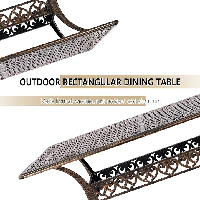 Grepatio Cast Aluminum Patio Dining Table Outdoor Large Rectangular Table, Metal Weather-Resistant Big Table with 2" Umbrella Hole for People Party Lawn Backyard Garden, Bronze, 59.06“x35.24"x28.35"