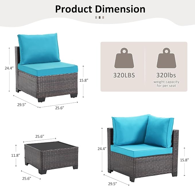 ANJ 5 Piece Outdoor Wicker Patio Furniture Set, Modular Loveseat Sofa with with Glass Top Coffee Table, All-Weather Rattan Conversation Couch Set for Balcony, Backyard, Dark Brown Wicker-Turquoise