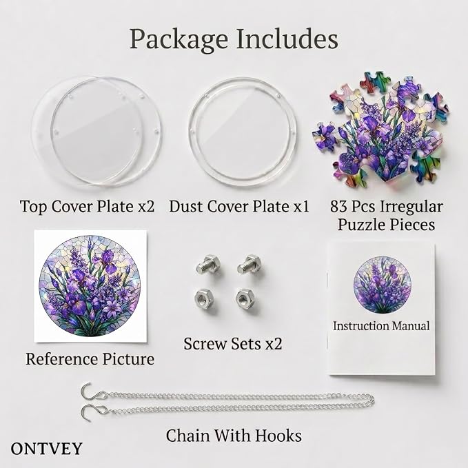 Acrylic Jigsaw Puzzle Suncatcher - Purple Flower Acrylic Puzzle Window Hanging Decor, 83 Irregular Pieces & Hanging Chain - Creative DIY Home Indoor & Garden Decor (7.4 Inch)
