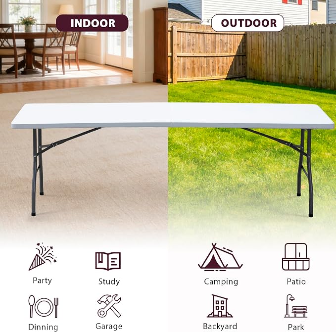 ZENY 8ft Portable Folding Table Plastic Indoor Outdoor Picnic Party Camp Dining Table with Handle, White