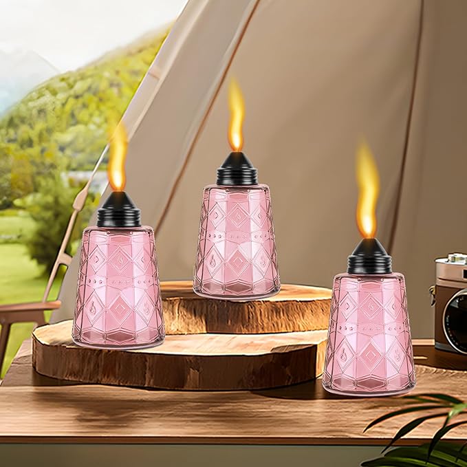4-Pack Glass Table Top Torches - 12oz Refillable Citronella Torches Canisters for Outdoor, Includes Wick & Cap, Decorative Lanterns for Patio, Garden, Yard, Party, Landscape (4 Pack-Pink)