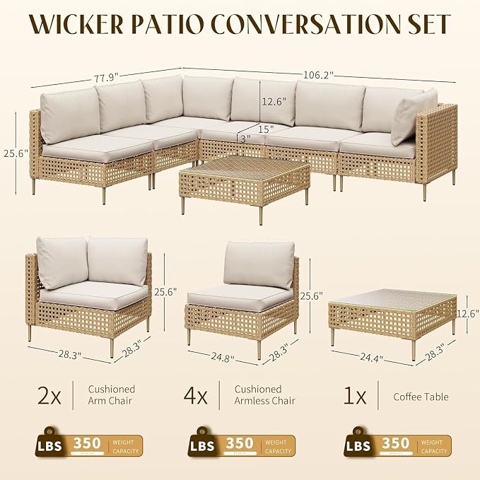 7 Piece Boho Wicker Patio Furniture Set with Fluffy Black Cushions and Coffee Table, Modular Outdoor Couch Conversation Set for Deck, Garden, Backyard, Balcony, All Weather Sectional Lounge Seating(Be