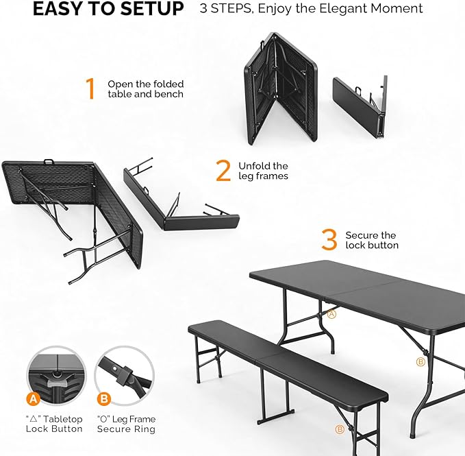 VINGLI Picnic Table Set with 2 Benches, 6 Feet Camping Table Chair Set, 3-Piece Folding Furniture for Indoor or Outdoor Use, Tree Patterned HDPE Tabletop, Black