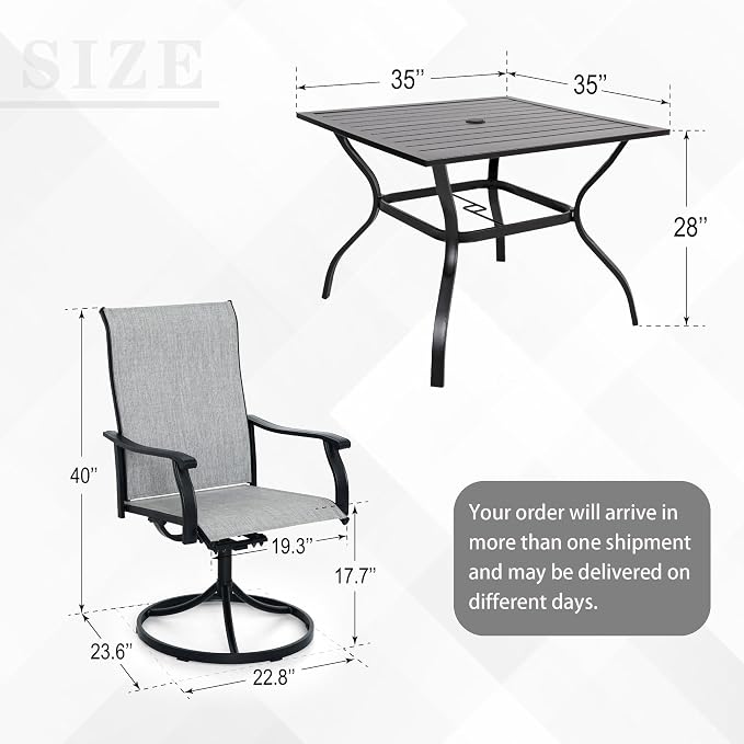 Anmutig 5 Piece Outdoor Patio Dining Set, 4 Swivel Rocking Patio Chairs & Square Dining Table Outdoor Furniture for Backyard Bistro Garden Poolside, Grey
