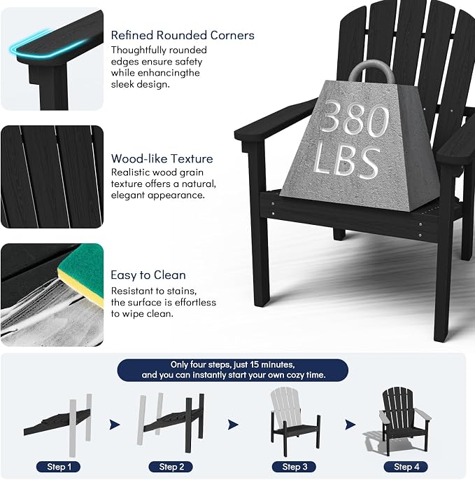 nevilywood Compact Stackable Adirondack Chairs,All Weather HDPE,380lb,Black | 26.3" Wide HDPE.All-Weather Outdoor.Maintenance-Free.Stackable for Storage.25°Curved Straight Backrest.Quick Assembly