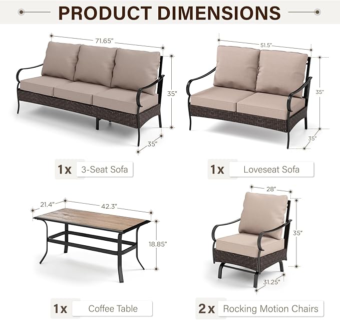 GREEN PARTY Extra Large Outdoor Patio Furniture Set 5 Pieces for 7, Modern Metal Patio Conversation Sets with High Back 3-Seat Sofa & Loveseat Sofa, 2 Motion Chairs, 1 Coffee Table