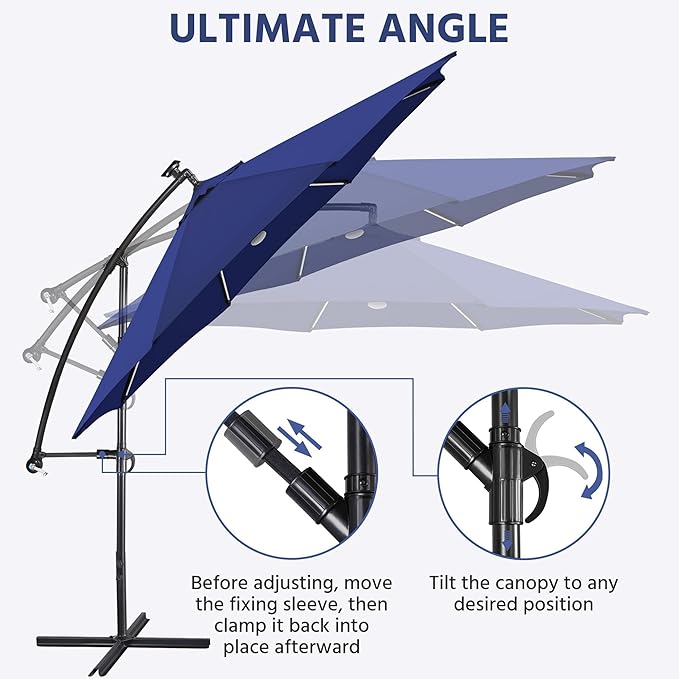 Yaheetech 10 FT Solar Powered LED Patio Umbrella Outdoor Cantilever Umbrella, UV Protection & Windproof, Offset Hanging Sunshade w/Strip Lights & Hub Light for Backyard Garden Pool