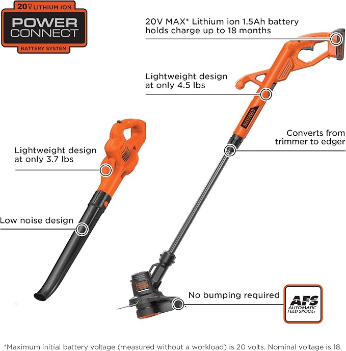 BLACK+DECKER 20V MAX Cordless Hedge Trimmer, 22-Inch (LHT2220) & 20V MAX* POWERCONNECT 10 in. 2in1 Cordless String Trimmer/Edger + Sweeper Combo Kit (LCC222)