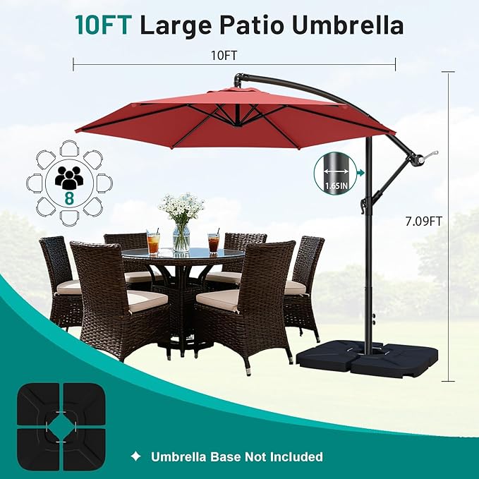 AreShark 10FT Patio Outdoor Umbrella, Offset Patio Umbrella Cantilever Umbrella, 6 Sturdy Ribs, Easy Adjustment for Garden Market Pool with Cross Base (Dark Red)