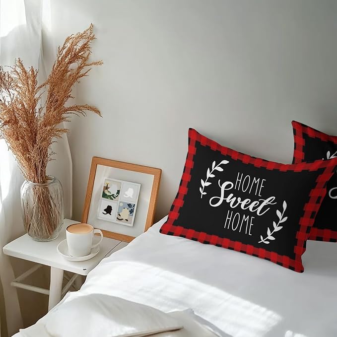 Home Sweet Home Waterproof Outdoor Pillow Covers Set of 2 Home Decor, Leaves Red Buffalo Plaid Lumbar Pillowcase Patio Pillow Covers for Couch Bench Patio Furniture Garden 20x12in