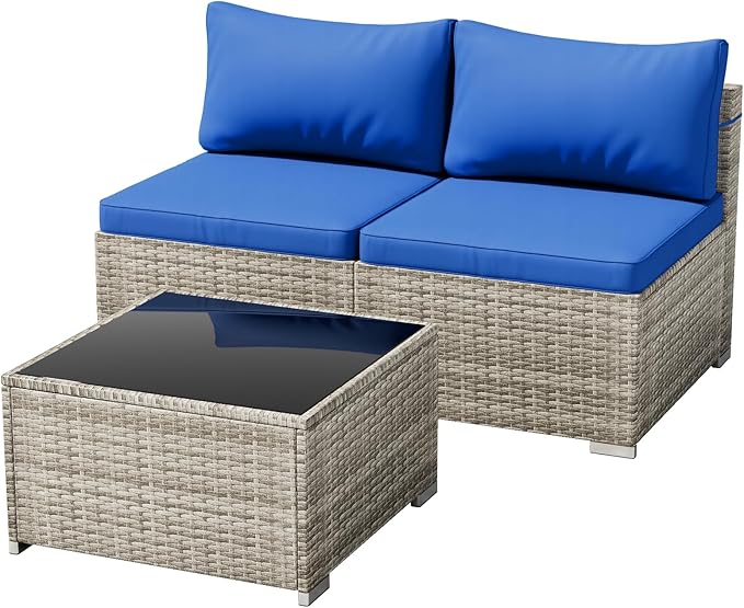 3 Piece Patio Furniture Set, Outdoor Wicker Patio Sofa Set, PE Rattan Sectional Couch with Glass Table and Blue Cushions, All-Weather 3 Piece Outdoor Patio Furniture Sets, Grey
