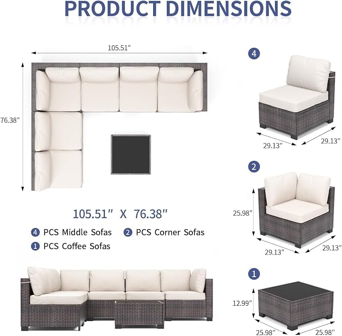 GAOMON 7-Piece Outdoor Patio Furniture Set, All-Weather Wicker Sectional Sofa with Thick Cushions and Glass Top Coffee Table, Modular Conversation Set for Garden, Balcony, Porch, Poolside