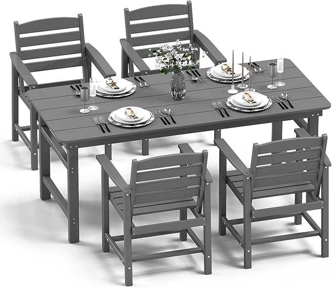 FOOWIN Outdoor Table and Chairs Set 5-Piece HDPE All Weather Patio Dining Set with Umbrella Hole,Outdoor Patio Furniture Dining Set for 4,Patio Kitchen Table Set for Garden,Backyard,Poolside Grey