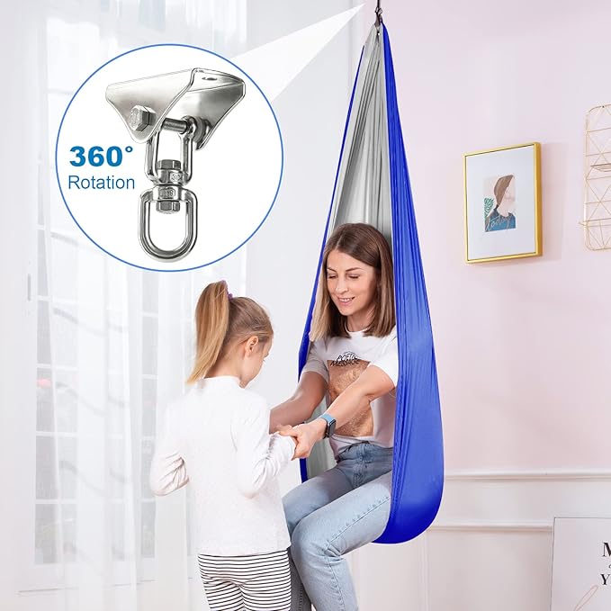 Therapy Swing Hammock Kids Cuddle Sensory Swing Indoor Therapeutic Hammock 360° Rotating Double Layer Elastic Rocking Cloth Swing Gifts for Children with ADHD SPD Asperger Autism (Blue+Grey)