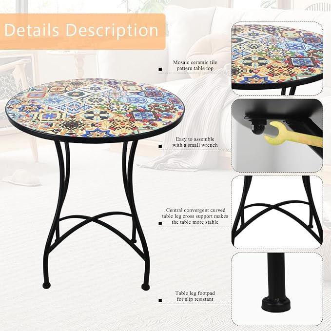 24 Inch Mosaic Patio Round Side Table with X-Curved Legs Indoor and Outdoor Accent End Table for Yard, Garden, Living Room, Bistro, B - Multicolor Talavera