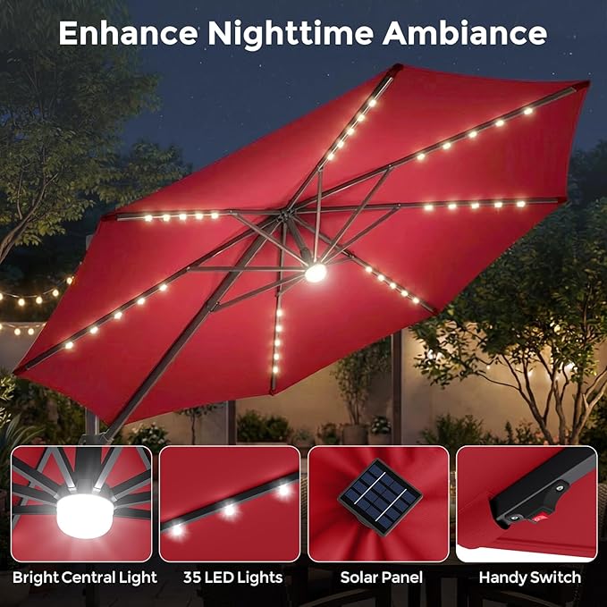 Tangkula 10ft Patio Umbrella with Solar Lights, Offset Cantilever Square Outdoor Umbrella with 35 LED Lights, Aluminum Pole, 360 Degree Rotation, Tilt Adjustment, Air Vent for Pool Deck Yard (Wine)