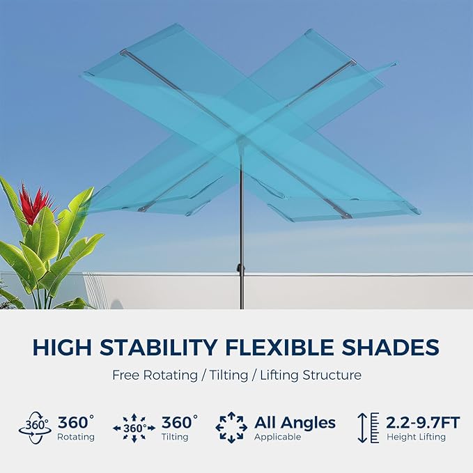 HOMSHADE 6x4ft Outdoor Balcony Umbrella - Flat Porch Pool Patio Umbrella Rectangular Canopy Shade UPF50+ UV Protection 360° Rotating & Tilting All Angles Applicable (Light Blue, No Base)