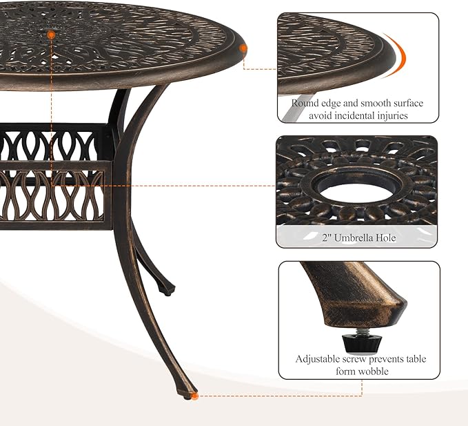 VINGLI 35" Patio Dining Table, Cast Aluminum Round Outdoor Dining Table with Umbrella Hole Outdoor Bar Table, Outdoor Bistro Table Outdoor Furniture Garden Table (35.4”Diax29.5”H)