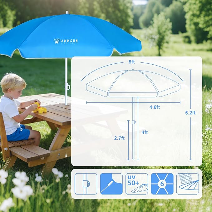 AMMSUN 5ft Seaside Beach Umbrella for Sand and Water Table - Kids Durable Umbrellas for children Beach Camping Garden Outdoor Play Shade
