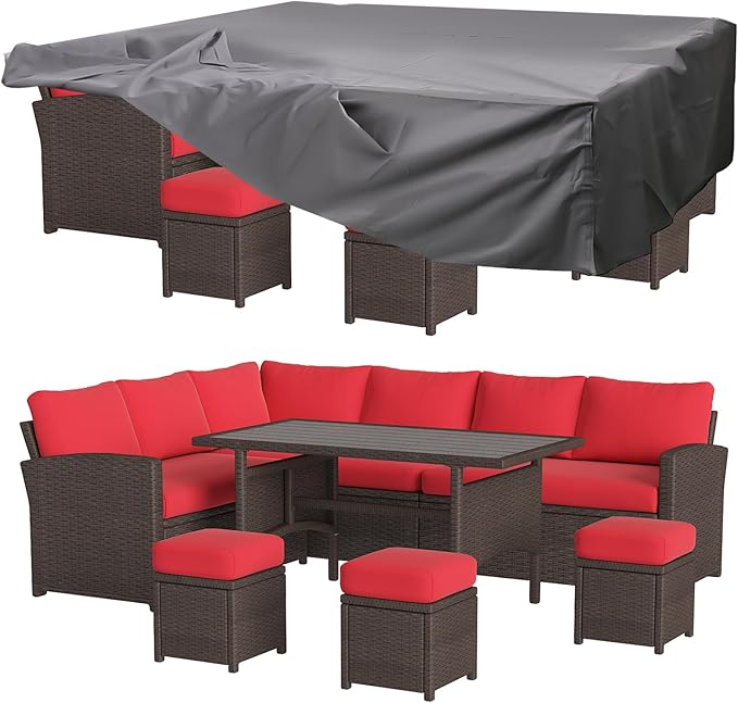 U-MAX 7 Pieces Patio Furniture Set with Waterproof Cover, Outdoor Sectional Sofa Conversation Set, All Weather Wicker Rattan Dining Table & Chair with Ottoman, Brown Rattan&Red Cushion