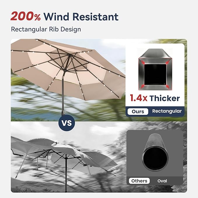 PHI VILLA 10ft Patio Umbrella with Solar Lights, Outdoor 3 Tier Vented Large Market Table Umbrella with 8 Sturdy Ribs and 1.5" Umbrellla Pole for Lawn Poolside Garden Terrace, Beige & Tan