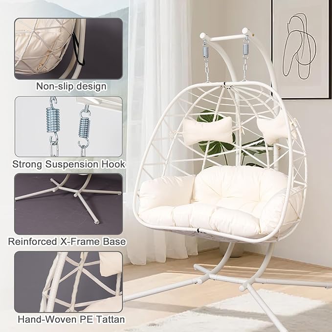 Double Egg-Shaped Hammock Chair with Stand Swing Egg Chair, Wicker Hanging Chair with Washable Cushion Sturdy Metal Stand, 600lbs Capacity for Indoor Outdoor Patio Living Room Etc(White+White)