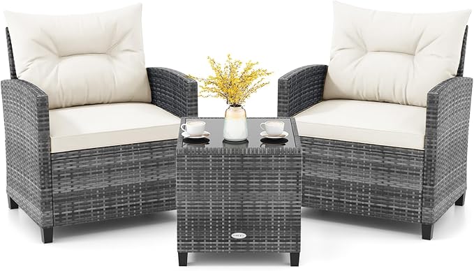 KOTEK 3 Piece Patio Furniture Set, Outdoor PE Rattan Conversation Set with Washable Cushions & Tempered Glass Tabletop, Wicker Chairs and Table Set for Porch, Garden, Balcony (White)