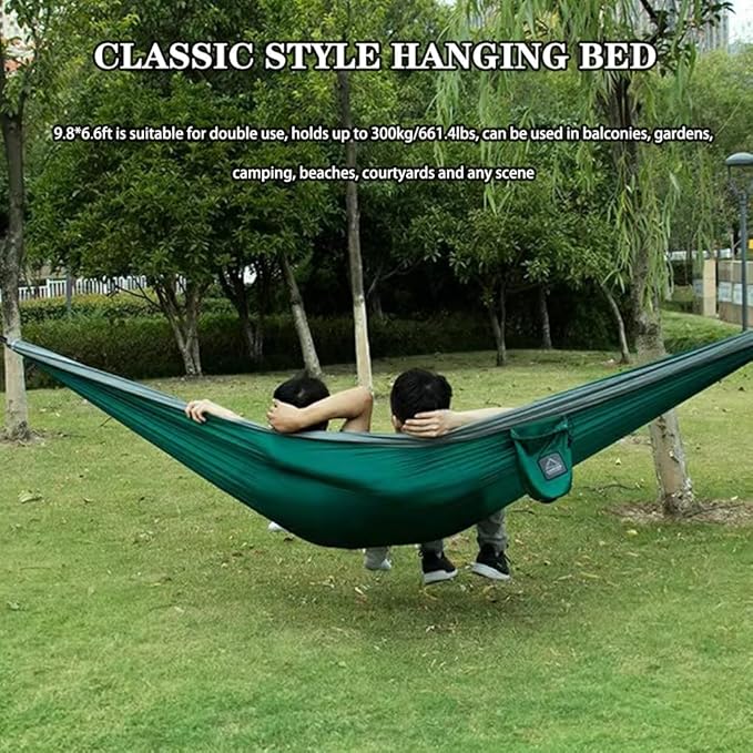 Creative Color Matching Double Hammock, Outdoor Anti-Rollover Nylon Hammock Chair, Easy to Set Up, Load Bearing 300kg/661.4lbs(Green+Grey)