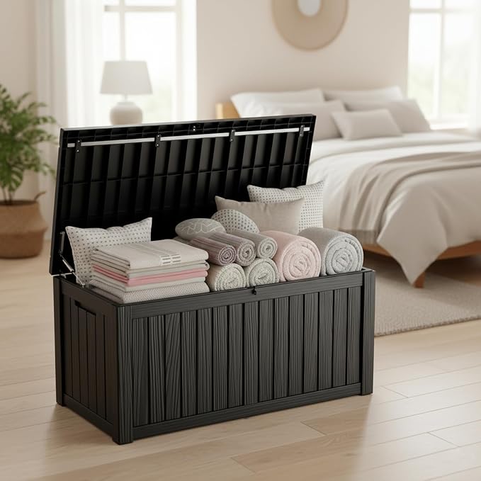 MAKINO 152 Gallon Resin Outdoor Storage Box, Waterproof Deck Box with Lockable Lid, Outside Storage Box for Patio Furniture, Pool Accessories, Garden Tools, Storage Bench for Backyard, Porch, Black