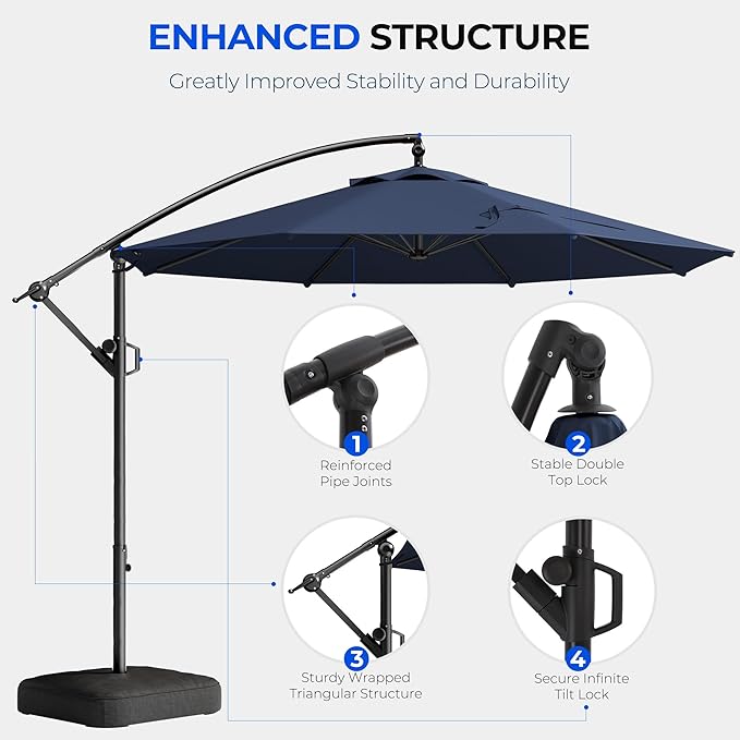HOMSHADE 10ft Offset Patio Umbrella - w/Base, Cantilever Offset Hanging Patio Outdoor Market Umbrella UPF50+ UV Protection with Easy Tilt and Crank for Pool Deck and Garden(Navy Blue)