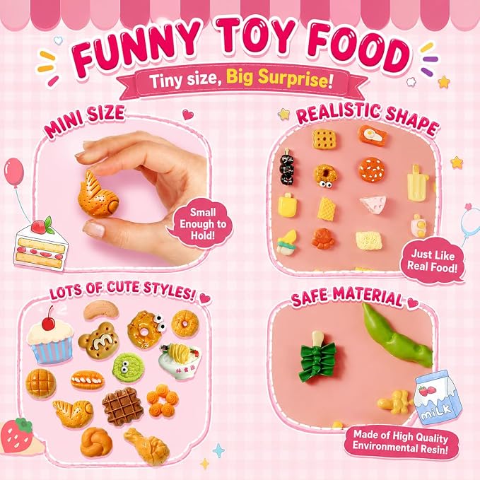 100 PCS Mystery Bag Mini Resin Food Blind Bags, Cute Tiny Food Figurines Surprise Box Toys for Kids, Dessert Snack Collectibles for Party Favors Classroom Prizes Goodie Bag Stuffers Dollhouse Decor