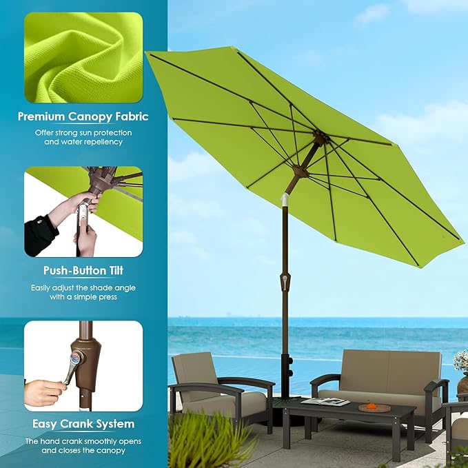 GREENVINES 9-FT-Patio-Umbrella | 8 Sturdy Fiberglass Ribs | Outdoor-Table-Umbrellas | Push Button Tilt & Crank | Waterproof | Market Umbrella | for Deck Backyard Pool Garden | Apple Green