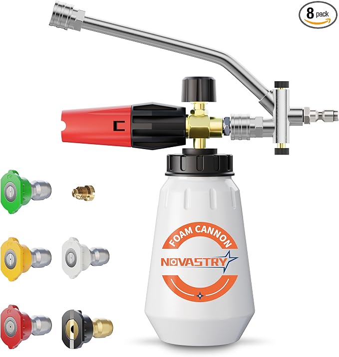High-Pressure Washer Foam Cannon Accessory, Features a Dual-Connector Design, Includes a 1-Liter Capacity Bottle(0.26 Gallons), 5 Nozzles, and an Extension Rod