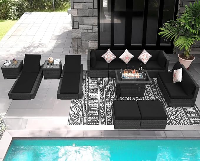 NICESOUL 13 Piece Patio Sectional with Chaise Lounge, Full Size Outdoor Set with Firepit Lounges for 10-Persons, Fade/Water Resistant Sturdy Conversation Seating Sofas, Gray Rattan & Black Cushion