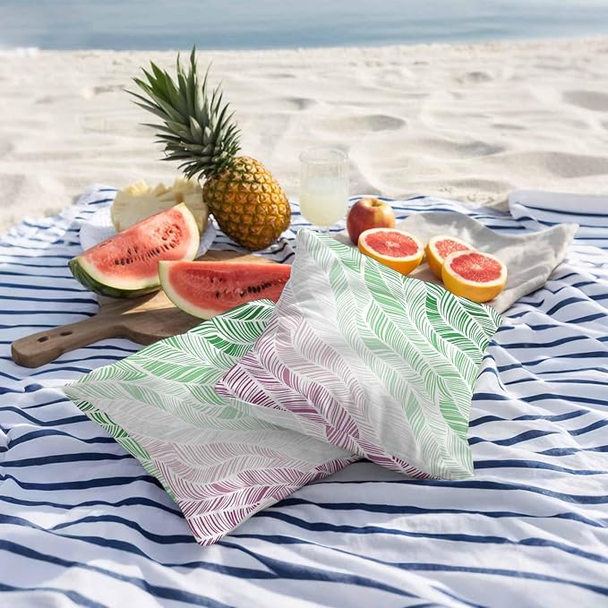 Vandarllin Outdoor Throw Pillows Covers 16x16 inch Set of 2 Waterproof Summer Beach Decorative Zippered Cushion Covers for Patio Furniture, Ombre Green Abstract Leaf Lines Lumbar Pillowcases