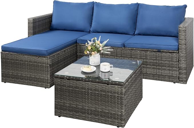 SUNLEI 3-Piece Patio Sectional Sofa, Patio Furniture Set with Detachable Soft Cushions, Outdoor PE Rattan Patio Conversation Sofa Set with Glass Coffee Table & Ottoman, Silver Rattan/Blue