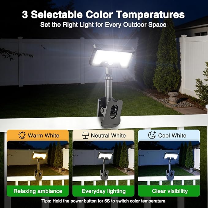 iMaihom Clip On Solar Lights Outdoor with Motion Sensor, 92 LED 600LM Solar Fence Lights, Warm/Neutral/Cool White, 360° Adjustable, IP65 Waterproof Security Light for Deck, Gutter, Porch (1, Black)